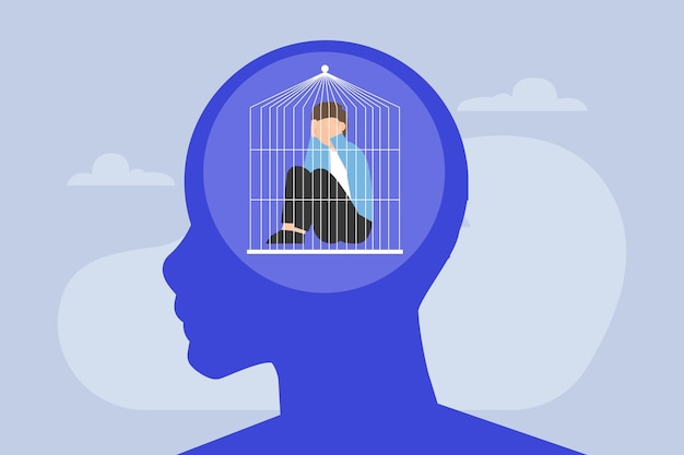 Vector businessman sitting inside human head in closed prison cage 2d flat vector illustration