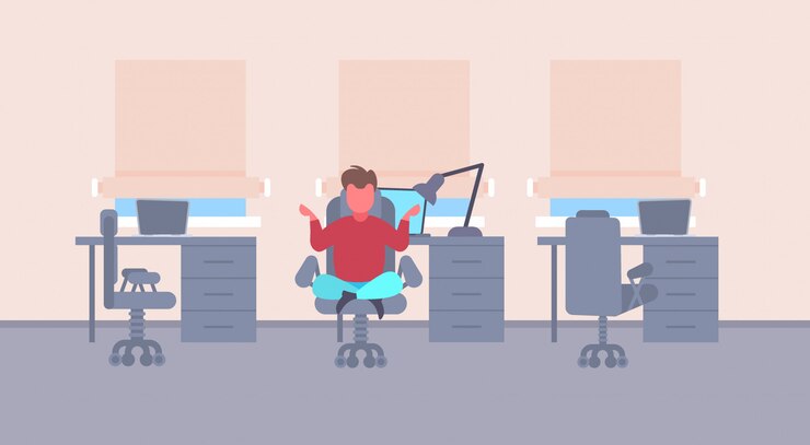 Vector businessman sitting lotus pose in chair calm business man relaxing meditation working stress relief concept modern office interior flat horizontal