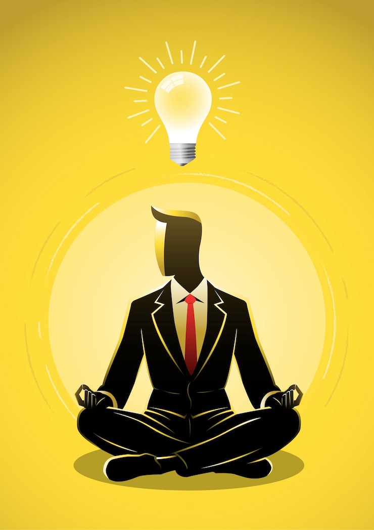 वेक्टर a businessman sitting in lotus pose meditation and a light bulb idea above concept illustration