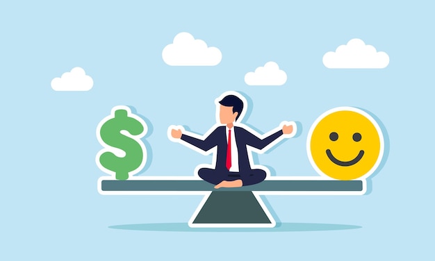 A businessman sitting in the middle of a seesaw with a dollar sign at each end and a smiley emoticon on the other illustration of the price to pay for attracting market attention