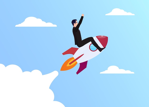 businessman sitting on rocket, business startup concept illustration