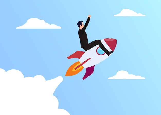 Businessman sitting on rocket, business startup concept illustration