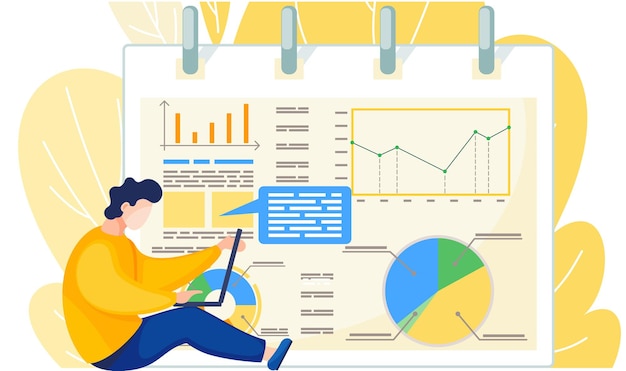 Vector businessman sitting with laptop near report with graphs and charts.