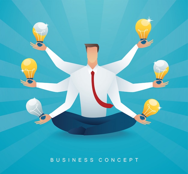 Vector businessman sitting with light bulb. creative thinking