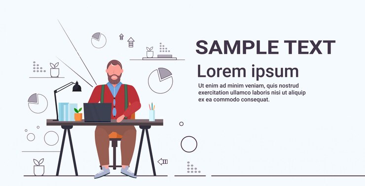 Vector  businessman sitting at workplace desk overweight business man using laptop working process unhealthy lifestyle obesity concept  full length horizontal 