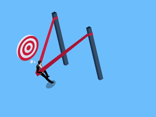 標的に向かって発射する準備をしているスラングショットに乗ったビジネスマン