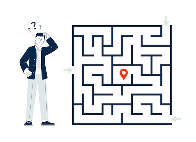 Vector businessman solves problem thoughtful man and complex labyrinth search for solutions student or entrepreneur flat maze game vector scene illustration of man think and doubt game