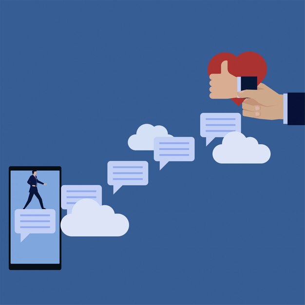 ビジネスマンは、ソーシャルメディアの好きと愛を通してコメントバブルの上に立ちます。