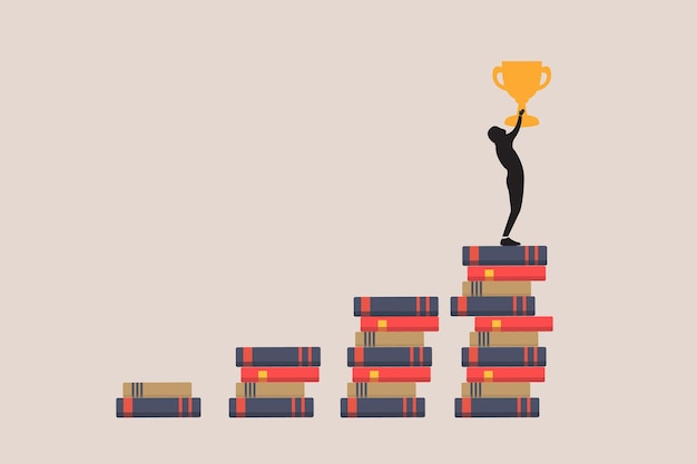 Businessman stand on the books and holding trophy concept of Knowledge and vision for success Business success goal and achievement