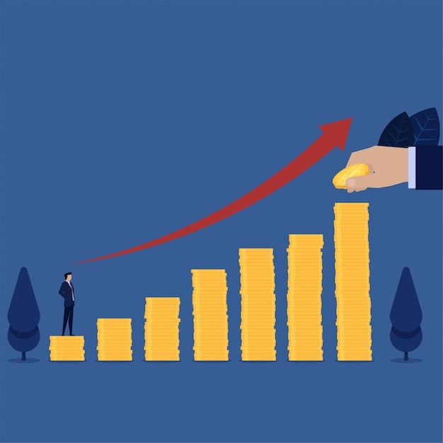 businessman stand above coins stack see next step for career growth.