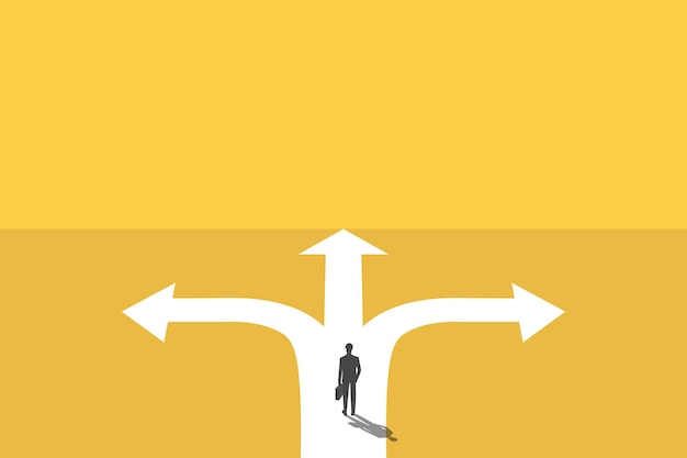 Vector businessman stand in front of a crossroad with road split in three different ways as arrows business decision making career path work direction or choose the right way to success concept