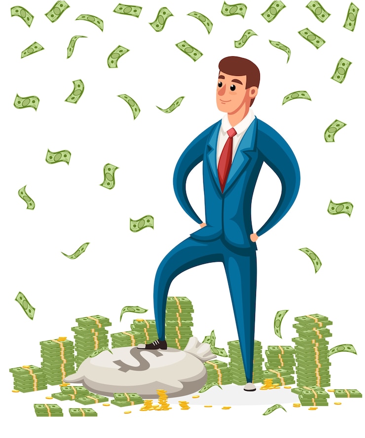 Businessman stand on a pile of money. Businessman standing under money rain.   character . 