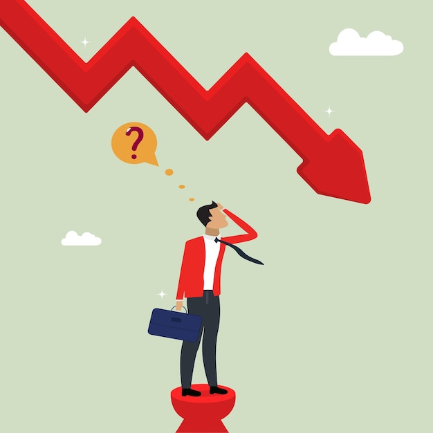 Vettore uomo d'affari in piedi in cima e guardando la freccia che cade diagramma pensare alle crisi economiche