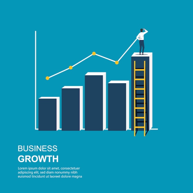 立っているビジネスマンと線図イラストを描きます。棒グラフによるビジネスの成長。