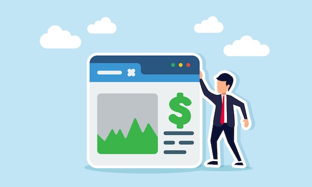 Businessman standing beside an app interface showing a graph and dollar sign illustration of digital business financial monitoring and analysis
