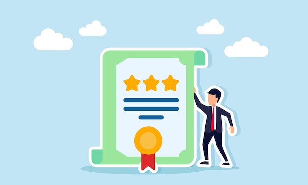 Businessman standing next to certificate with three stars illustration of success in obtaining validation and verification of business quality standards