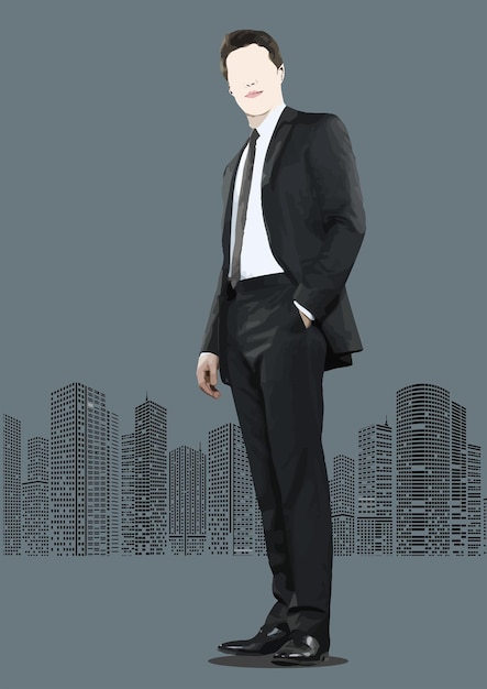 Businessman standing confidently with one hand in his pocket city skyline in the background representing urban business success