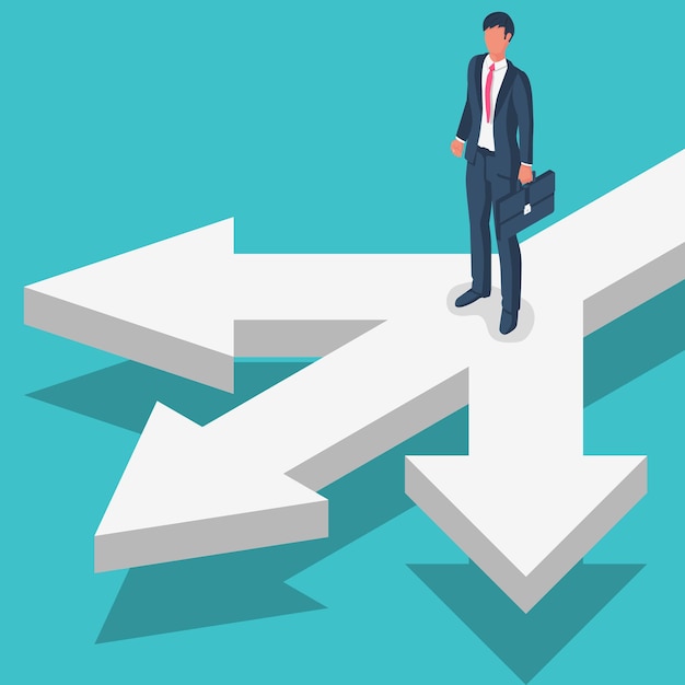 Businessman standing at crossroads Human before choosing Career path choice or strategy Vector
