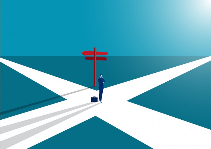 Vector businessman standing on the crossroads 