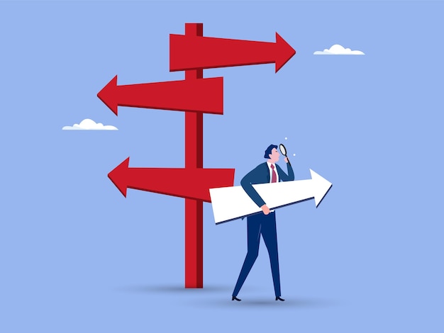 Businessman standing in the direction of the crossroads choose the direction vector illustration