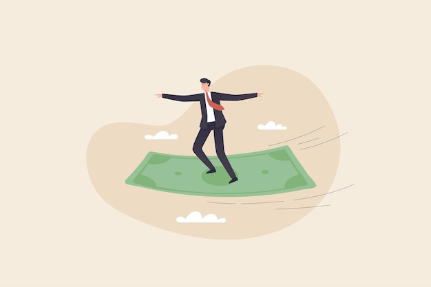 Vector businessman standing on flying money financial conceptual illustration for financial freedom