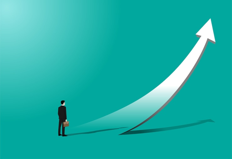 Vector businessman standing in front of big arrow
