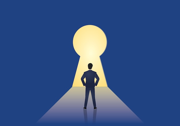 Businessman standing in front of a keyhole 