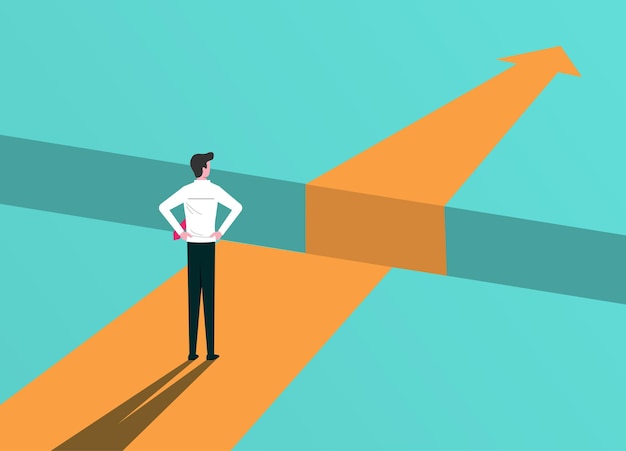 Businessman standing in front of obstacles. Problem and overcoming challenges to be successful, vector illustration