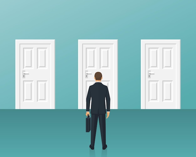 Businessman standing in front of three closed doors Choice way concept Decision business metaphor Vector flat style design Isolated on background Human before choosing Decide direction