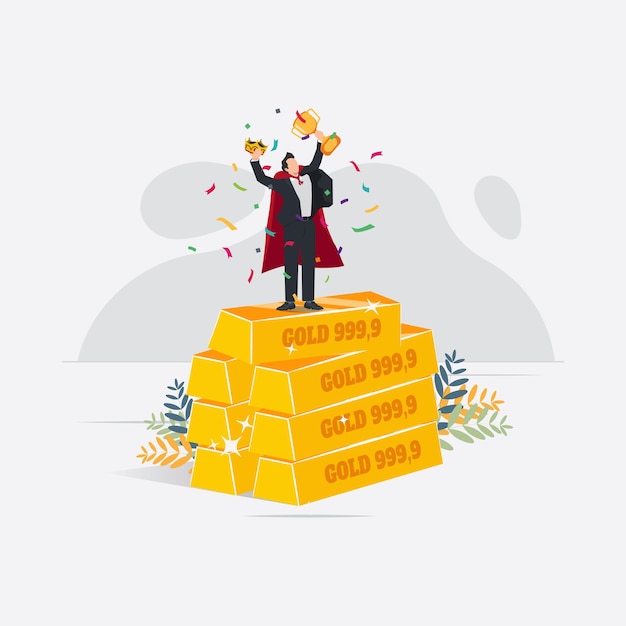 Vettore uomo d'affari in piedi su oro che tiene il trofeo e la corona illustrazione vettoriale del concetto di successo