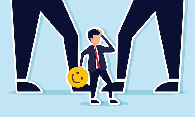 businessman standing on a happy emoticon between two giant feet illustration of feeling inferior due to competitors market engagement