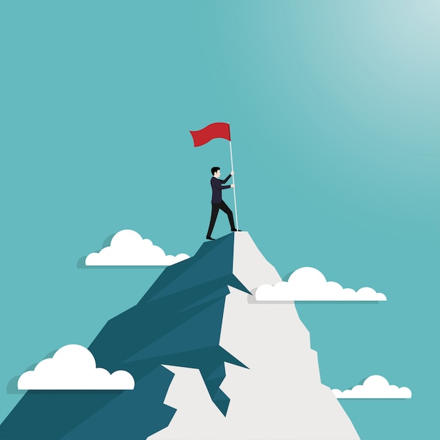 businessman standing hold flag conquering top of mountain