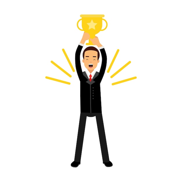 Vector businessman standing and holding winner golden cup over his head, business challenge and success vector illustration on a white background