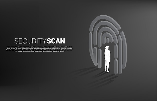 손가락 스캔 기호에 서있는 사업가. 신원 데이터의 보안 및 개인 정보 보호 기술에 대한 배경 개념