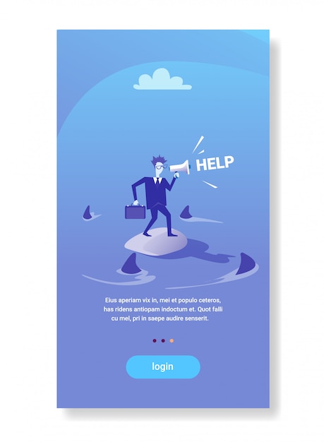 벡터 금융 위기 비즈니스 문제 개념 주위 해수 상어에 도움을 요청하는 사업가 서 섬