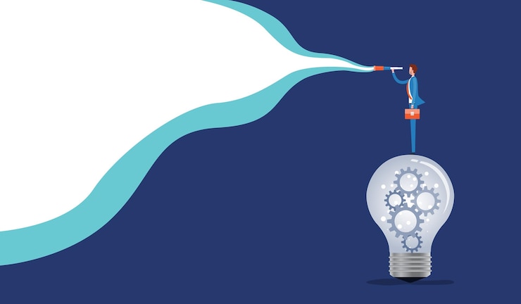 Vector businessman standing on lightbulbs looking for success opportunity
