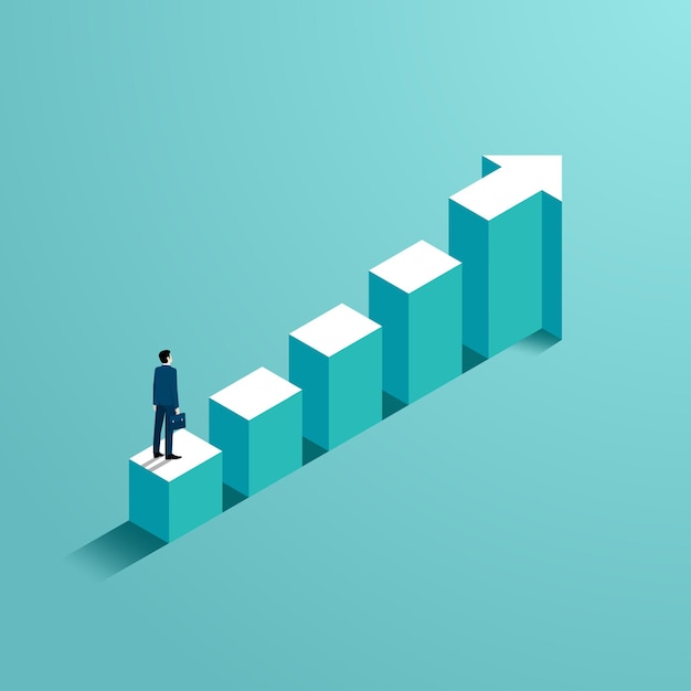 Vector businessman standing look to the top of the graph