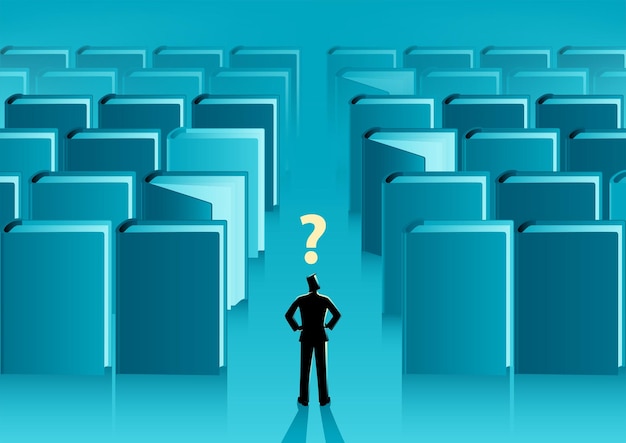 businessman standing in the middle of the maze confusedly looking for a way out