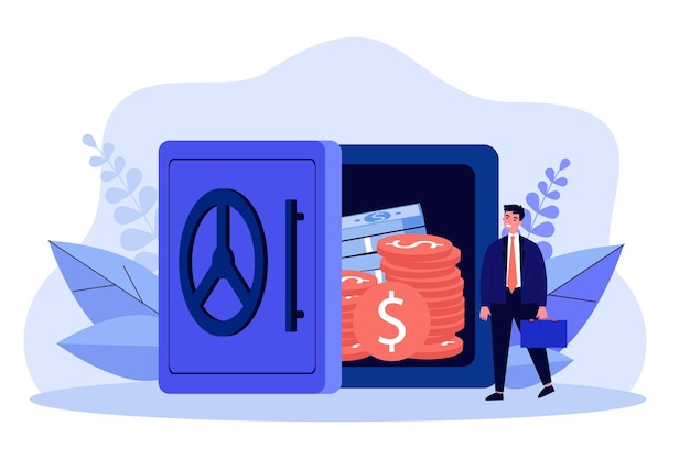 Businessman standing near safe full of money. tiny man with open door of safe flat vector illustration. deposit box in bank, investment, safety concept for banner, website design or landing web page