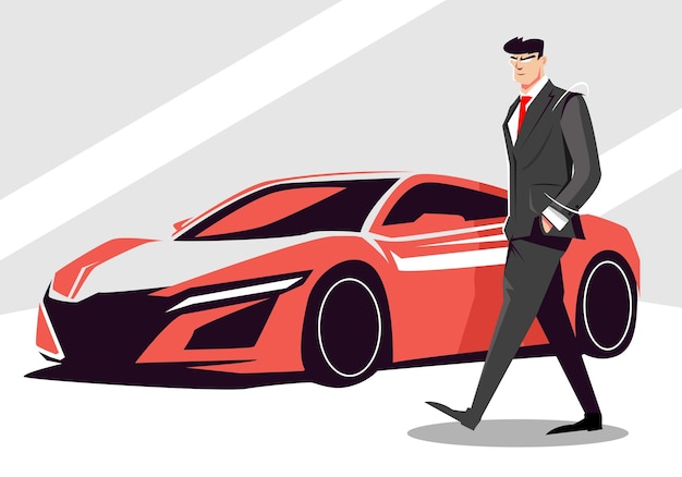 Vector businessman standing near sport car man in suit