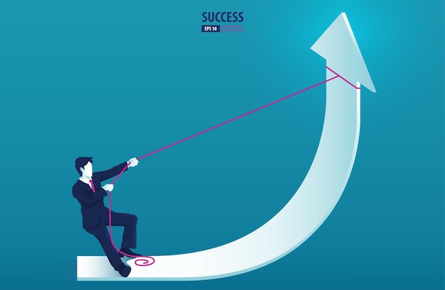 矢印グラフの上に立って、ロープでそれを上に引っ張るビジネスマンは、チャートを成長させ、利益を増やします