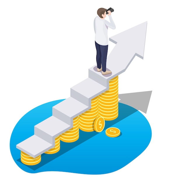 Businessman standing on revenue growth increasing graph, flat vector isometric illustration. Income, profit.