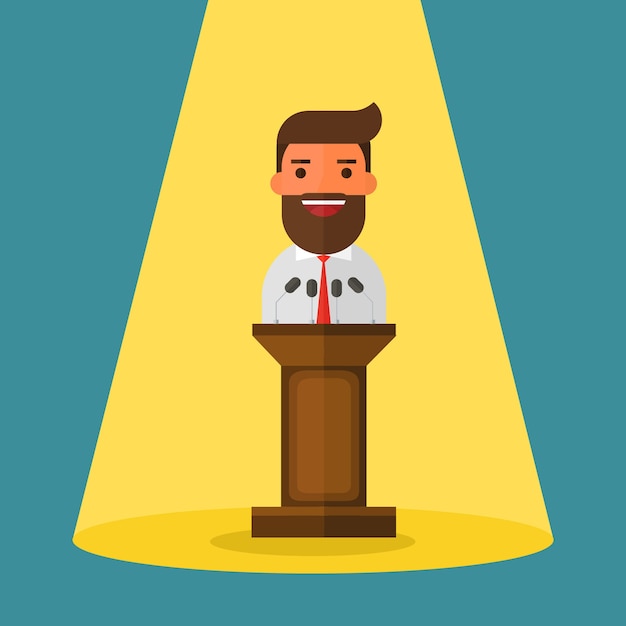 Vector businessman standing behind rostrum and giving a speech