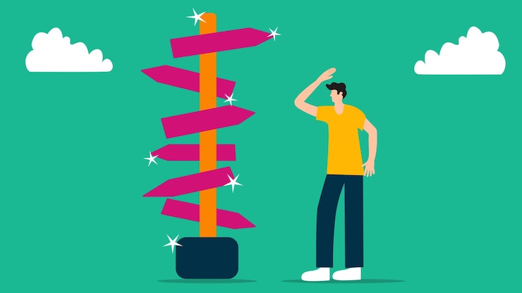 Vector businessman standing at a signpost with multiple directions symbolizing decisionmaking choices
