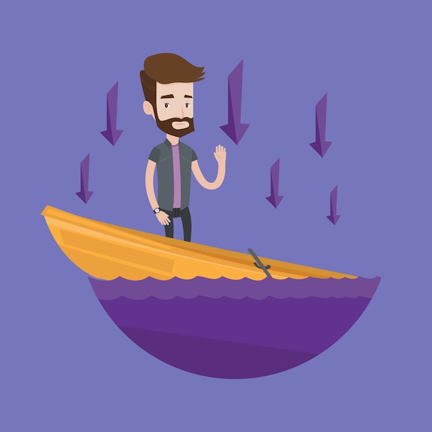 Businessman standing in sinking boat.