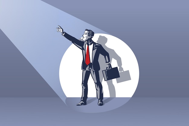 Vector businessman standing on stage waving hand to the spotlight blue collar conceptual illustration