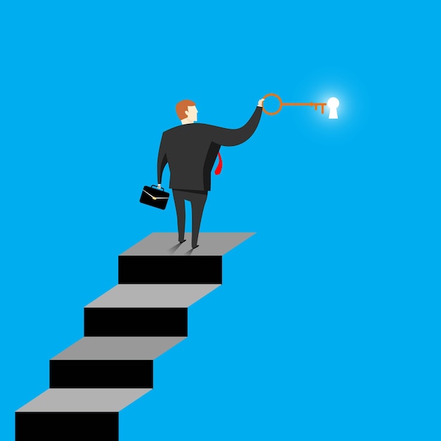 Vector businessman standing on the stairs holding the key