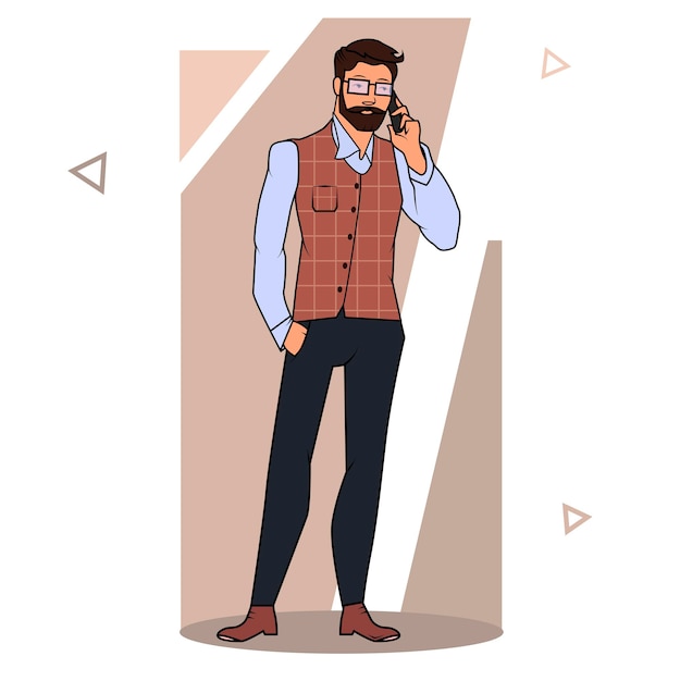 Vector businessman standing and talking on the phone. front view. color vector cartoon illustration