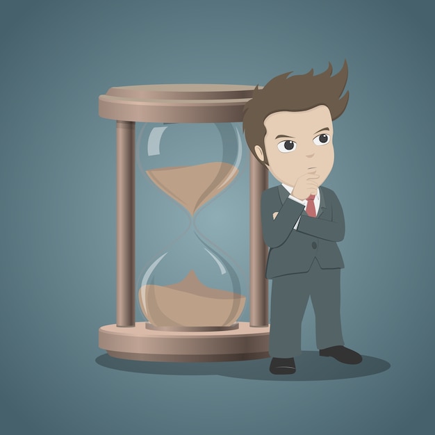 Businessman standing and thinking with sandglass or hourglass for time management.