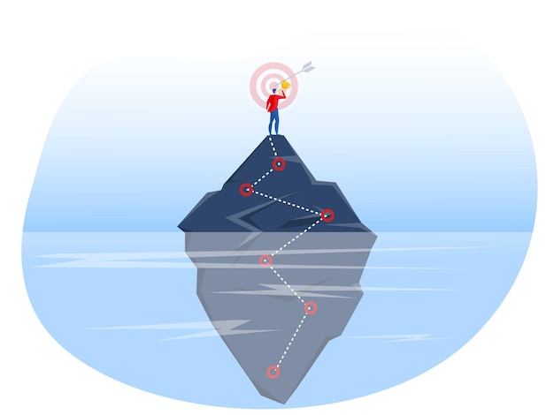 Uomo d'affari in piedi sulla cima della scogliera con il premio inconscio concetto vettoriale iilustrator